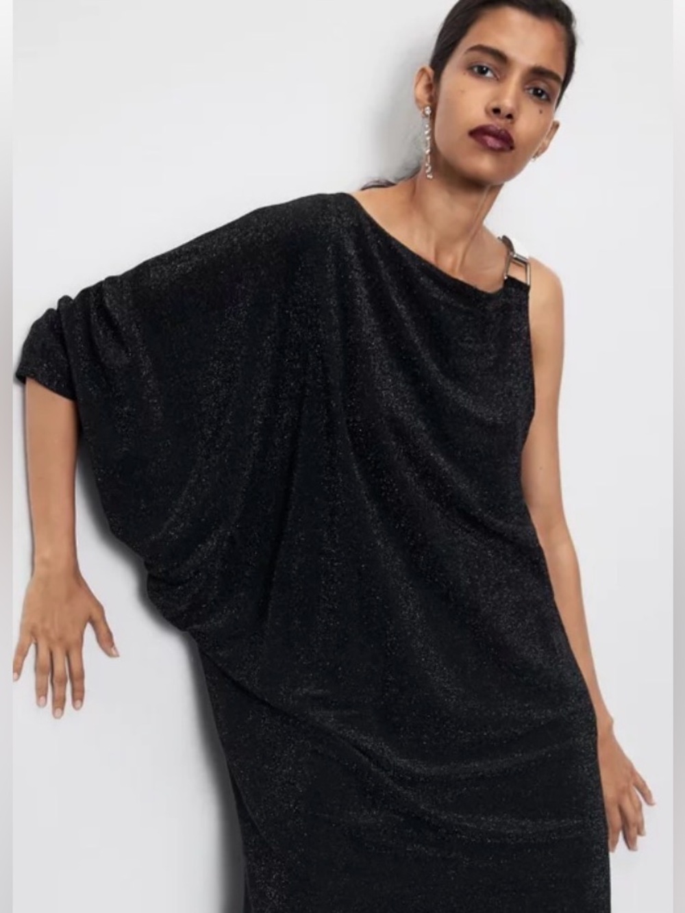 Zara Black One-Shoulder Asymmetrical Sparkle Dress